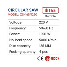 1250W 165mm Circular Saw 220V with 5000 r/min – Edon