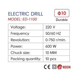 600W 10mm Electric Drill 220V with Variable Speed