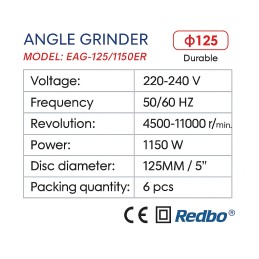1150W 125mm Variable Speed Angle Grinder 220–240V – Redbo
