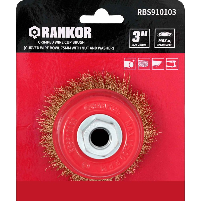 Cup Wire Brush 75 mm / 3″ – Rankor RBS910103 (60Cr High-Carbon Steel, Max 12 500 rpm)