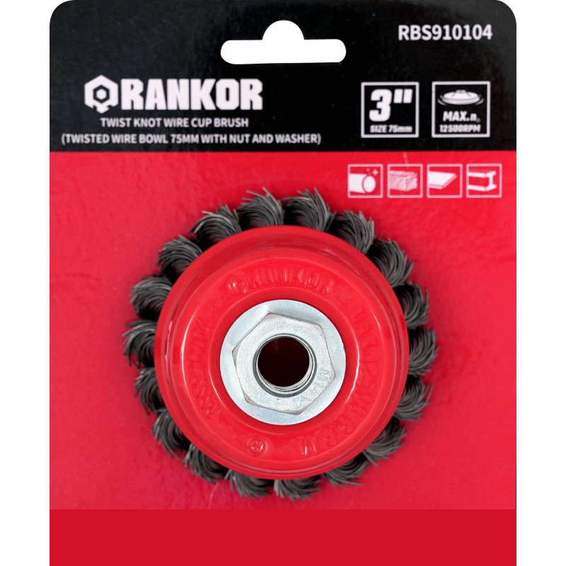 Twist-Knot Wire Cup Brush 75 mm – Rankor RBS910104 (60Cr Steel, Max 12 500 rpm)