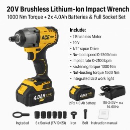 20V Brushless Lithium-Ion Impact Wrench – 1000 Nm Torque + 2×4.0Ah Batteries & Full Socket Set
