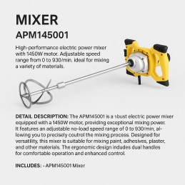 Electric Mixer – 1450W | Variable Speed 0–930 rpm | For Paint, Mortar, Adhesive & Plaster