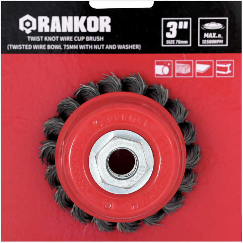 RANKOR RBS910104 – 3” Twisted Wire Cup Brush (75 mm) for Heavy-Duty Surface Cleaning